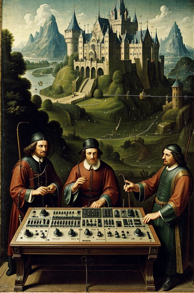 antique image of a huge console full of controls, gadgets, lights and wires and three men playing a synthesizer beside, with only one castle in the background, hieronymus bosch style, three men, huge console full of controls and wires, masterpiece
