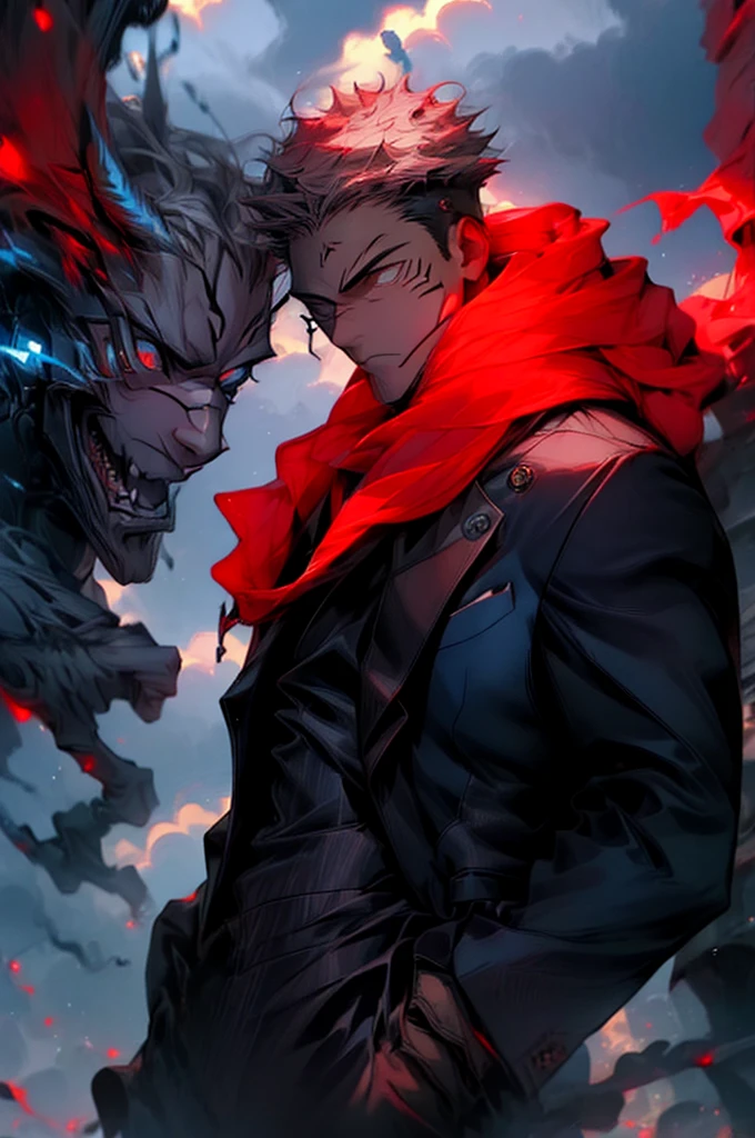 masterpiece, best quality, RyomenSukuna, 1man, jacket, ((black suit)), closed mouth, serious, red eyes, city alley, ((day, clouds)), tattoo, hands in pockets, ((crowds:1.3)), ((upper body)), outdoors,