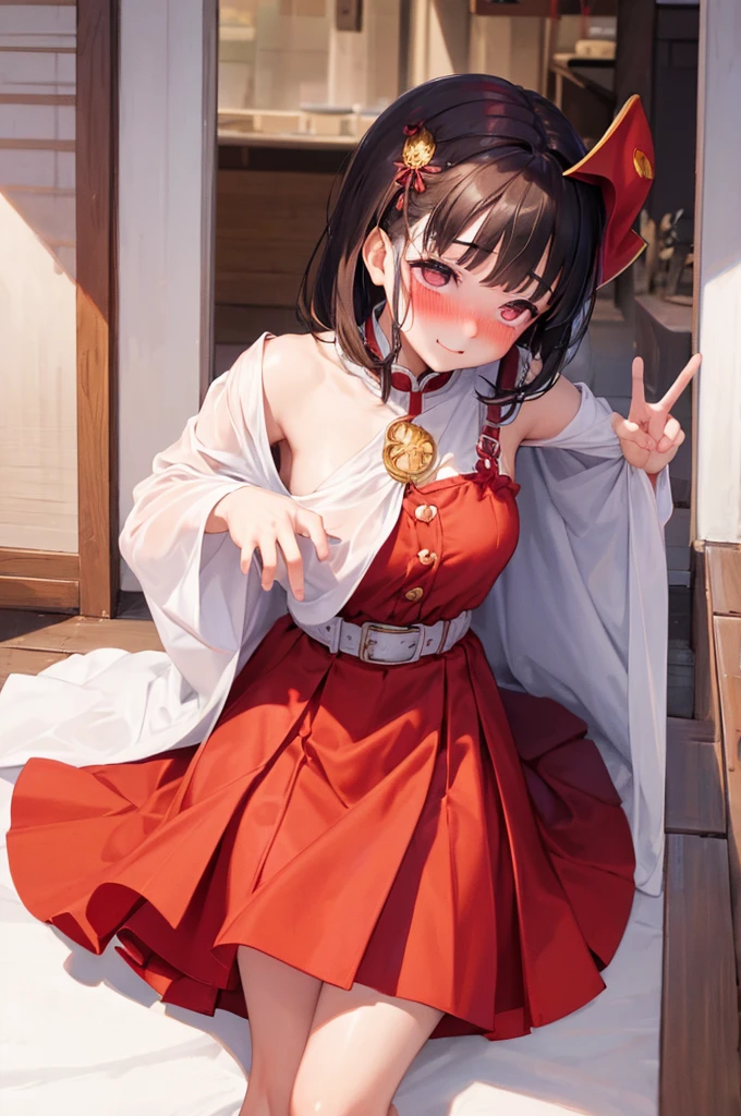 peace sign,(masterpiece, best quality), intricate details, 1girl, megumin, short hair, dress, red dress, hat, witch hat, belt indoors,ahg rolling eyes tongue((((blush)))),(cleatched teetch)