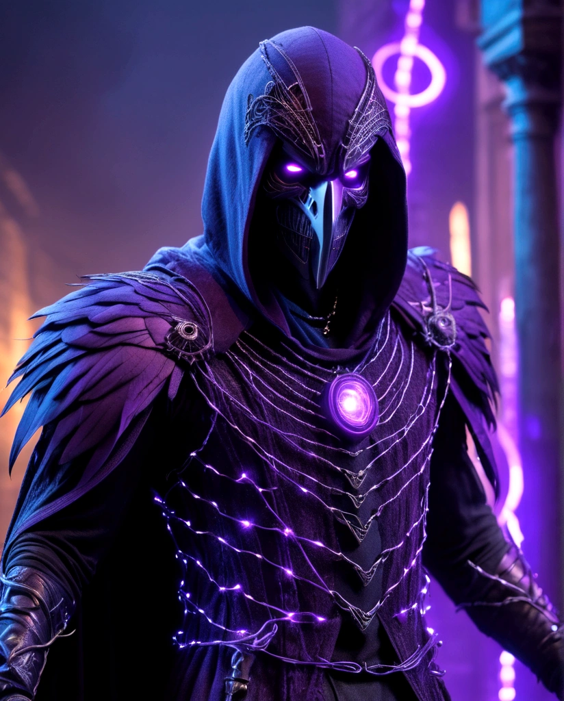 (extremely detailed 8k wallpaper), a medium shot photo of scary Grim dressed as a purple raven-man in an armour made of purple glowing wires from marvel, theme, intricate, high detail, dramatic, old scary building with a huge raven in the background