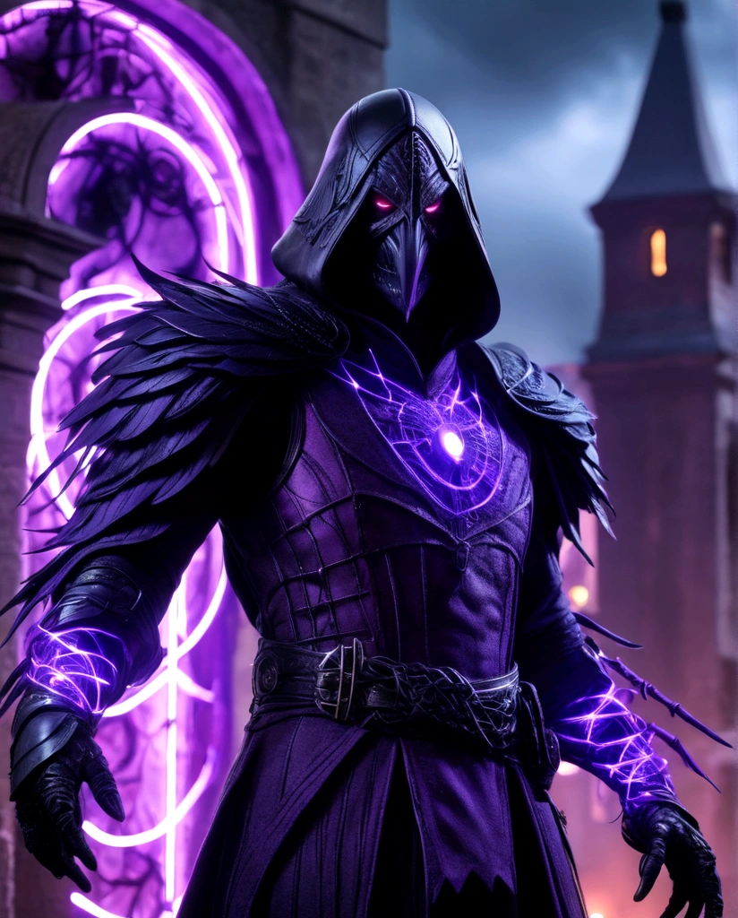  
(extremely detailed 8k wallpaper), a medium shot photo of scary  Grim dressed as a purple raven-man in an armour made of purple glowing wires from marvel, theme, intricate, high detail, dramatic, old scary building  with a huge raven in the background 