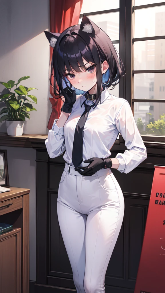 18-year-old Shota，cute，Wear a white long-sleeved shirt and a black work tie，Wear black pants，Wear black booties，Wear white gloves，wear cat ear，Wearing a collar，Black hair，Black eyes，Very thin waist，Very thin legs，Handsome，Disdainful and cold expression，shy，blush，Sweating，，Is giving  assault，Glove removal action