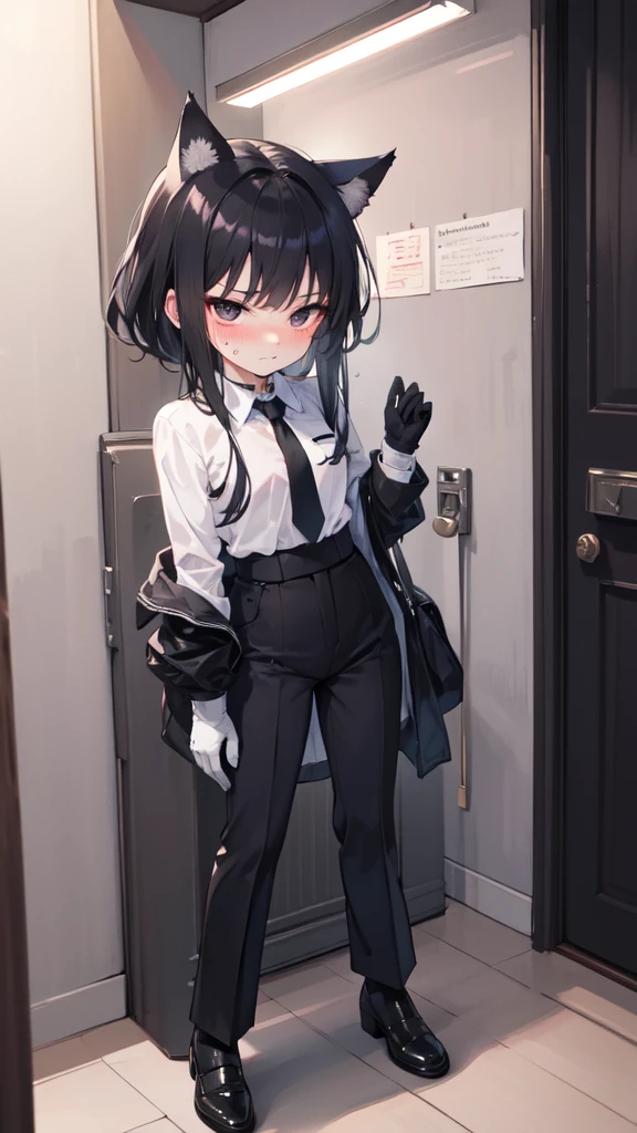 18-year-old Shota,cute,Wear a white long-sleeved shirt and a black work tie,Wear black pants,Wear black booties,Wear white gloves,wear cat ear,Wearing a collar,Black hair,Black eyes,Very thin waist,Very thin legs,Handsome,Disdainful and cold expression,shy,blush,Sweating,porn,Is giving sexual assault,Glove removal action