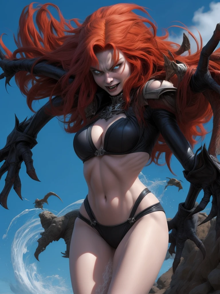 Beautiful 18 year old girl with flowing red hair, big breast, Goblin Queen of the X-Men in dynamic heroic pose, in black bikini
