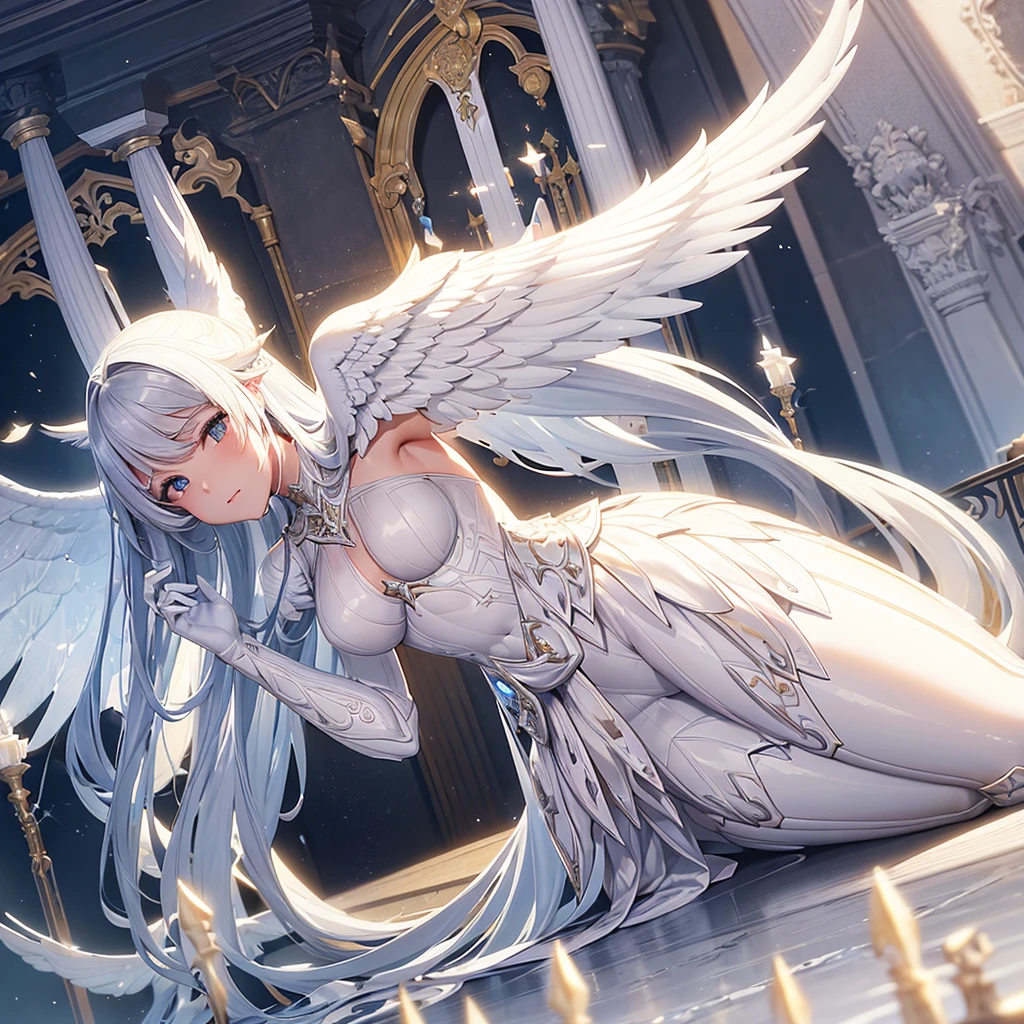 a close up of a statue of a woman with wings, girl angel knight, Aion Aion, Angel in plastic armor, from lineage 2, Angel Knight Gothic Girl, full body majestic angel, epic angel wings, white wings, ffxiv skyward, white armor, glossy white armor, intricate white armor, detailed white armor, sleek bright white armor