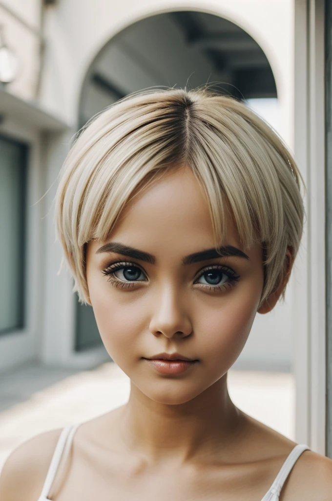 Woman short hair big eyes white skin