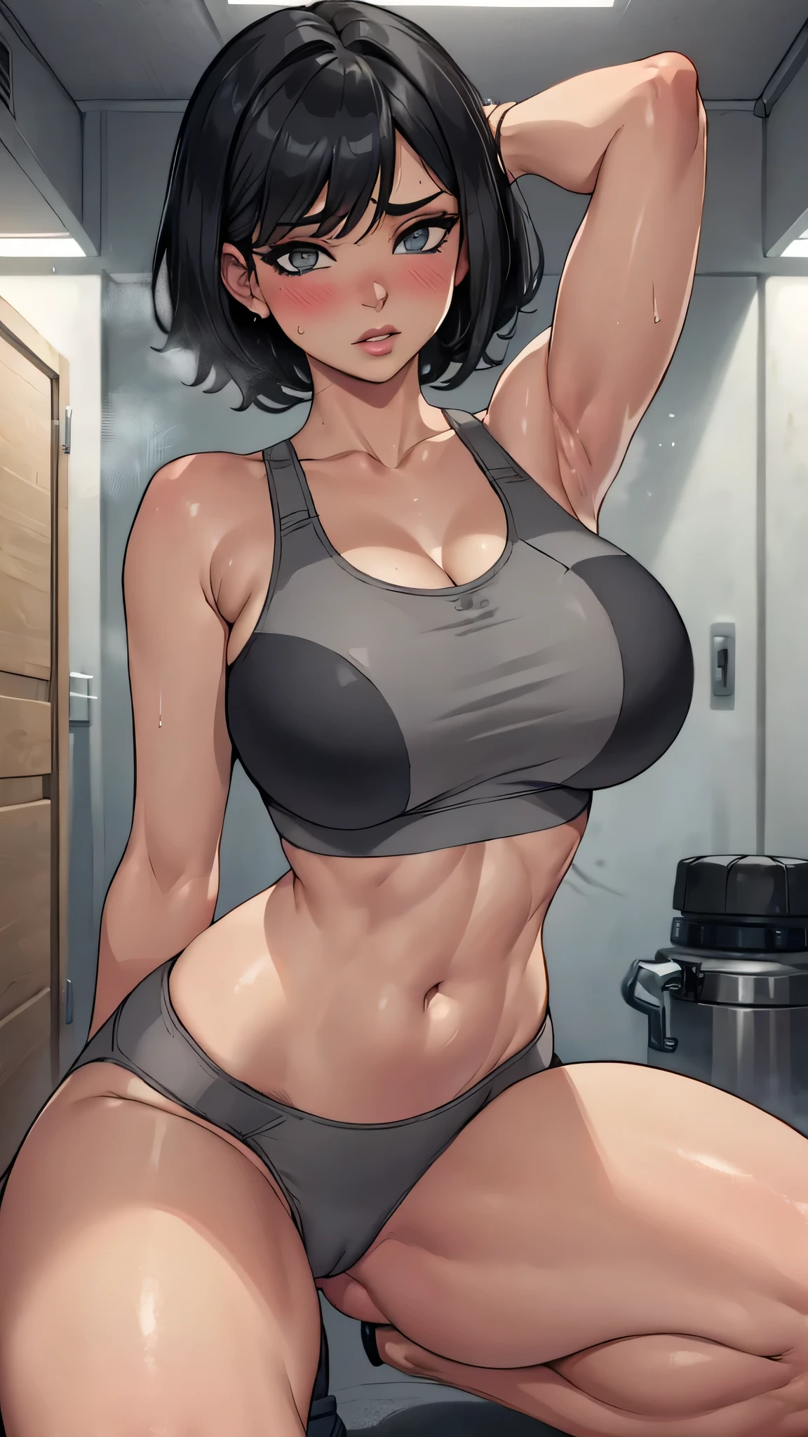 (melhor qualidade:1.3), (qualidade 4K),(black hair, short hair:1.3), beautiful hairstyle, realistic eyes, beautiful detailed eyes, 、(((blush))),(Sweat), sexy pose, thicc thighs, huge breasts, sagging breast, natural breast, sexy breast, (((((A Gray sexy Sports Bra)))))、(((Gray micro sports panties))), perfect anatomy, good anatomy, good composition, armpits, sweating, Mom, milf, thicc thighs, lubricant skin groin area, Crouching back position,thick hips , large aparture, Professional Lighting,intricate, bokeh, cinematic lighting,