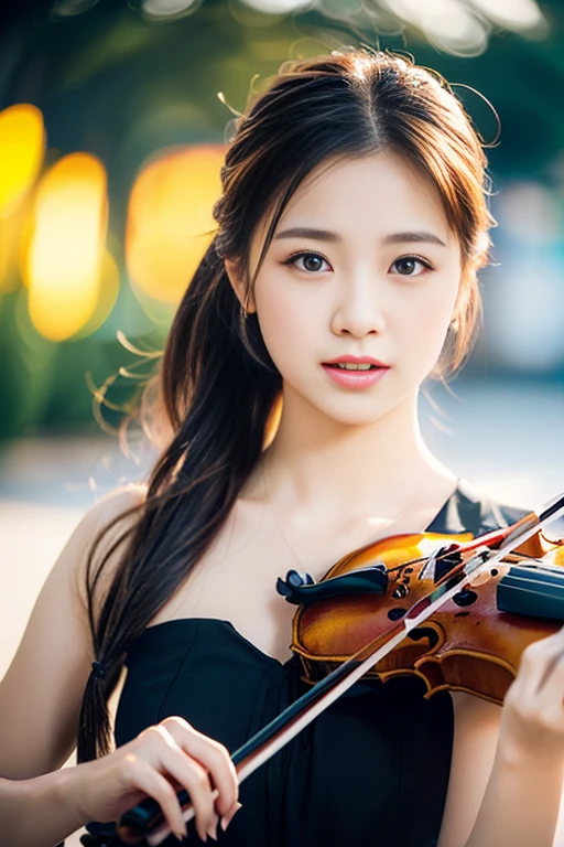 (a gorgeous lady,  18, she is playing a violin, in a fantasy world, dimples, focused expression, cute snaggle-tooth, short hair ponytail, beautiful detailed face, beautiful detailed eyes, ample round bosom, photorealistic, hyper-realism, high contrast, ultra HD, realistic skin textures, top image quality, top-quality, super high resolution, fine details, very meticulously, masterpiece, head to thigh, the Cowboy shot, romantic feel, bokeh background)