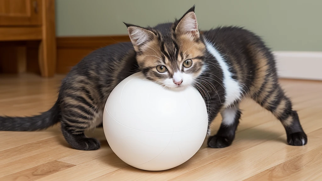 A kitten is resting on a white ball。Before that1I have a dog and I'm worried。