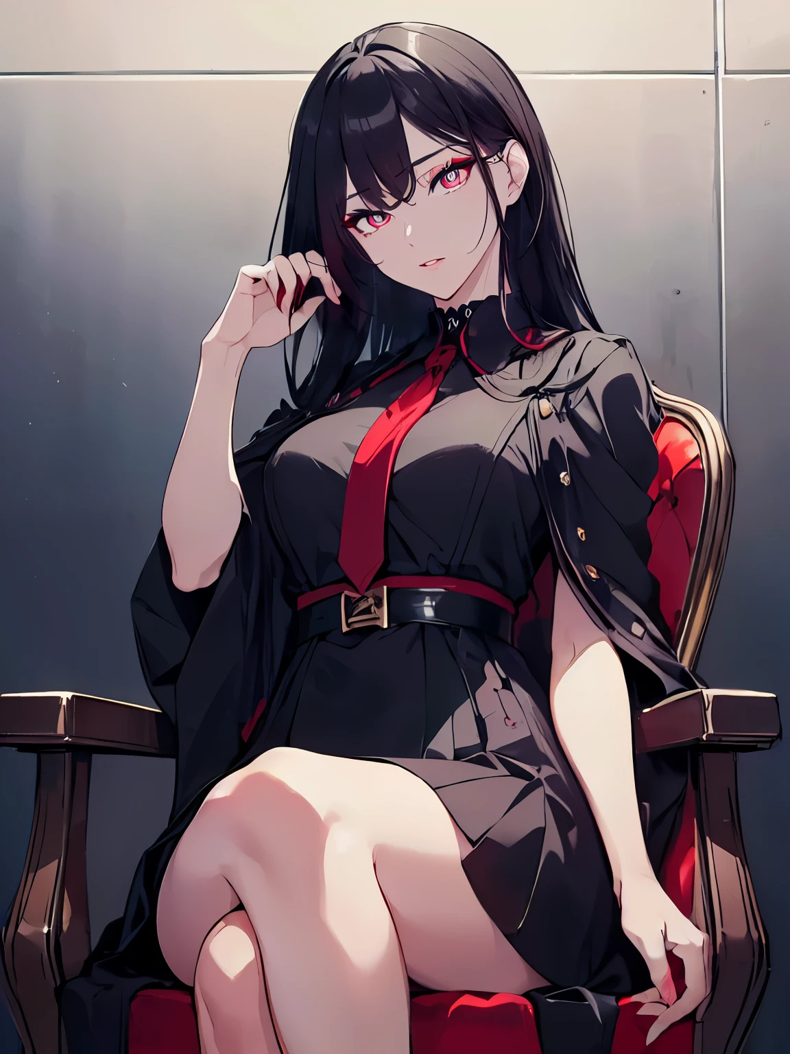 (Uhd, Masterpiece, Textured Skin, Super Detail, High Details, High Quality, Best Quality), ((long, lush hair)), ((roupa elegant modern) Wearing a dress, impressive pose, ((red eyes)), ((detailed red eyes:1.5)), ((background is sitting on a chair with legs crossed while looking at the observer), ((black hair)), She is wearing elegant clothes, set in a magical school, she is the leader, Expression of confidence and authority,, setting, High definition, retina, work of art, precise, anatomical, scientifically correct, textured skin, super detail, highly detailed, high quality, award-winning, top quality, high definition, 1080P, high definition, 4k, 8k, 16k, Modern world, She's human