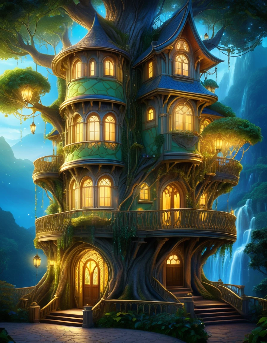 (whimsical treehouse,multiple floors,balconies,large tree,vibrant greenery,magical effect,fantasy,detailed environment,intricate architecture,lush foliage,warm lighting,enchanting atmosphere,highly detailed,cinematic,photorealistic,masterpiece:1.2,ultra-detailed,realistic,stunning,beautiful,detailed)