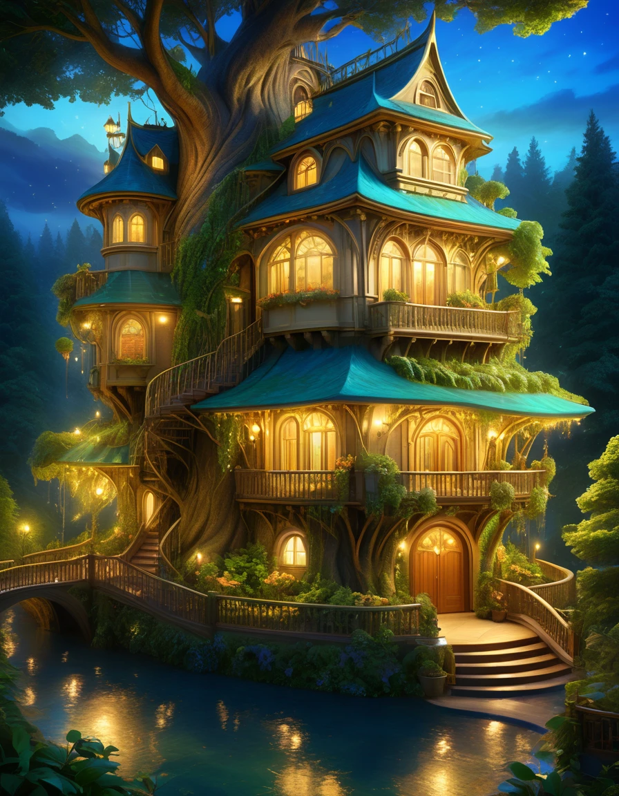 (whimsical treehouse,multiple floors,balconies,large tree,vibrant greenery,magical effect,fantasy,detailed environment,intricate architecture,lush foliage,warm lighting,enchanting atmosphere,highly detailed,cinematic,photorealistic,masterpiece:1.2,ultra-detailed,realistic,stunning,beautiful,detailed)