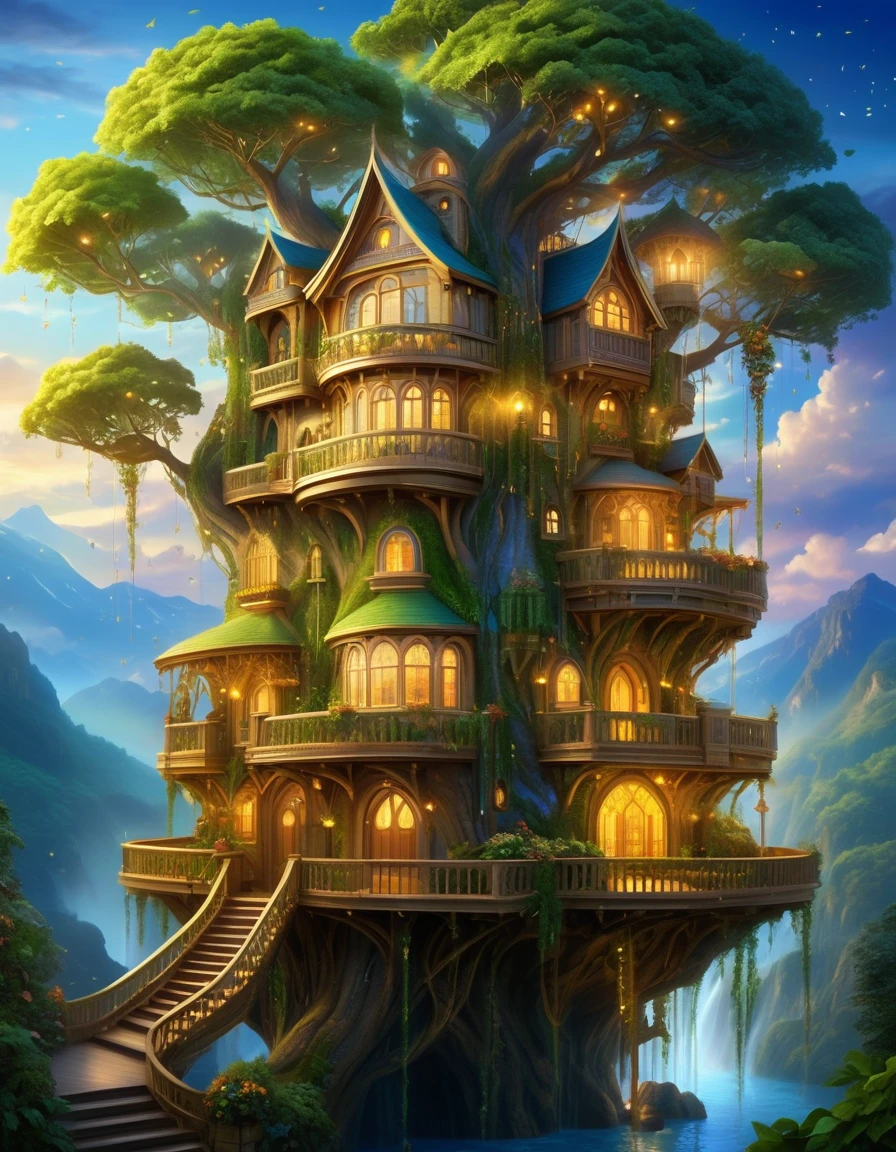 (whimsical treehouse,multiple floors,balconies,large tree,vibrant greenery,magical effect,fantasy,detailed environment,intricate architecture,lush foliage,warm lighting,enchanting atmosphere,highly detailed,cinematic,photorealistic,masterpiece:1.2,ultra-detailed,realistic,stunning,beautiful,detailed)