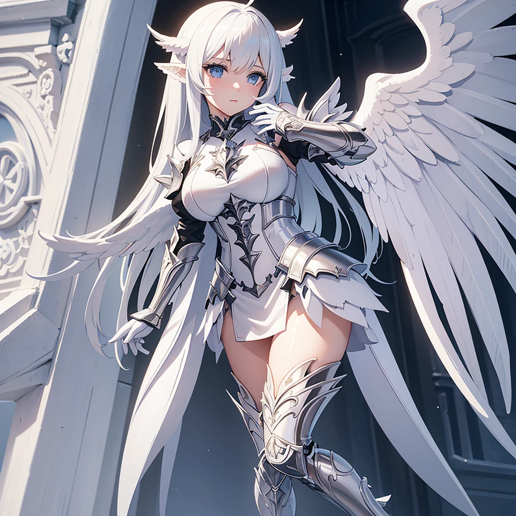 a naked white-haired young girl with mechanical steel angel wings, (purple eyes), hero, blushing, shy, heroic, futuristic, bodymod, hot, sexy, cute, wet, light, small boobs, abs, petite, small chest, , 4k, (masterpiece), (metal wings)