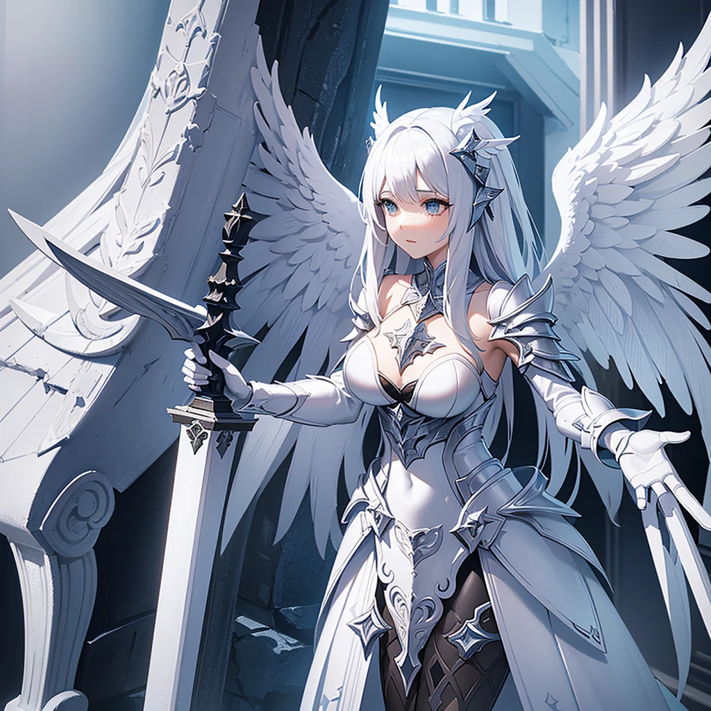 a close up of a statue of a woman with wings, girl angel knight, Aion Aion, Angel in plastic armor, from lineage 2, Angel Knight Gothic Girl, full body majestic angel, epic angel wings, white wings, ffxiv skyward, white armor, glossy white armor, intricate white armor, detailed white armor, sleek bright white armor