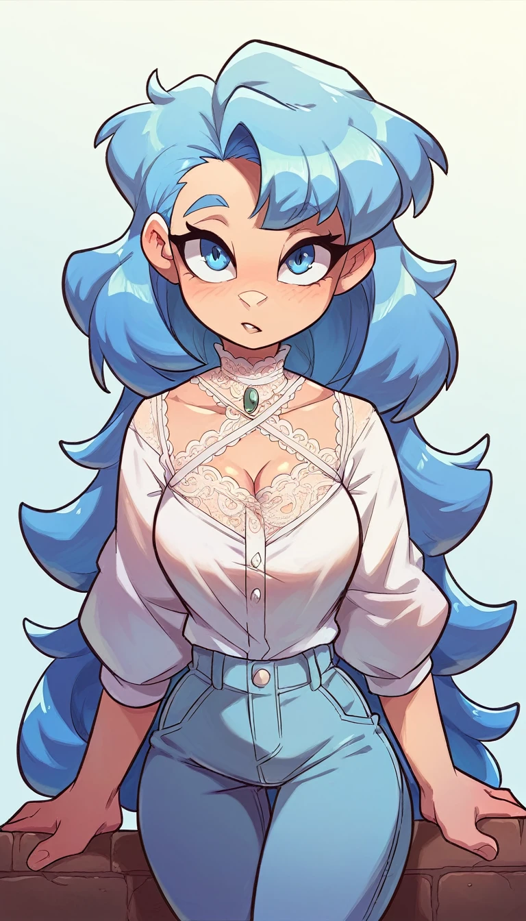 a cute girl beautiful beautiful attraction big chest light blue hair short round wearing shell hair her bright blue eye she wears a white shirt thread yellow lace collar and her skirt long blue pants she mountain hawaii