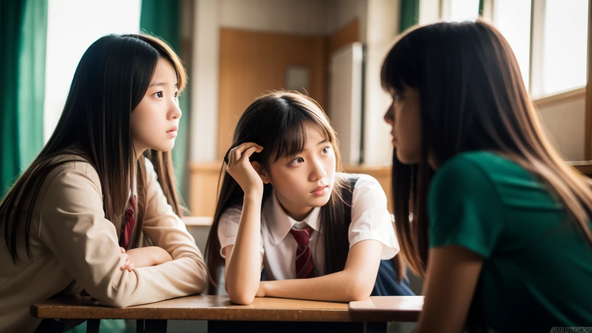 Three high school girls are discussing a troubled look inside a classroom.