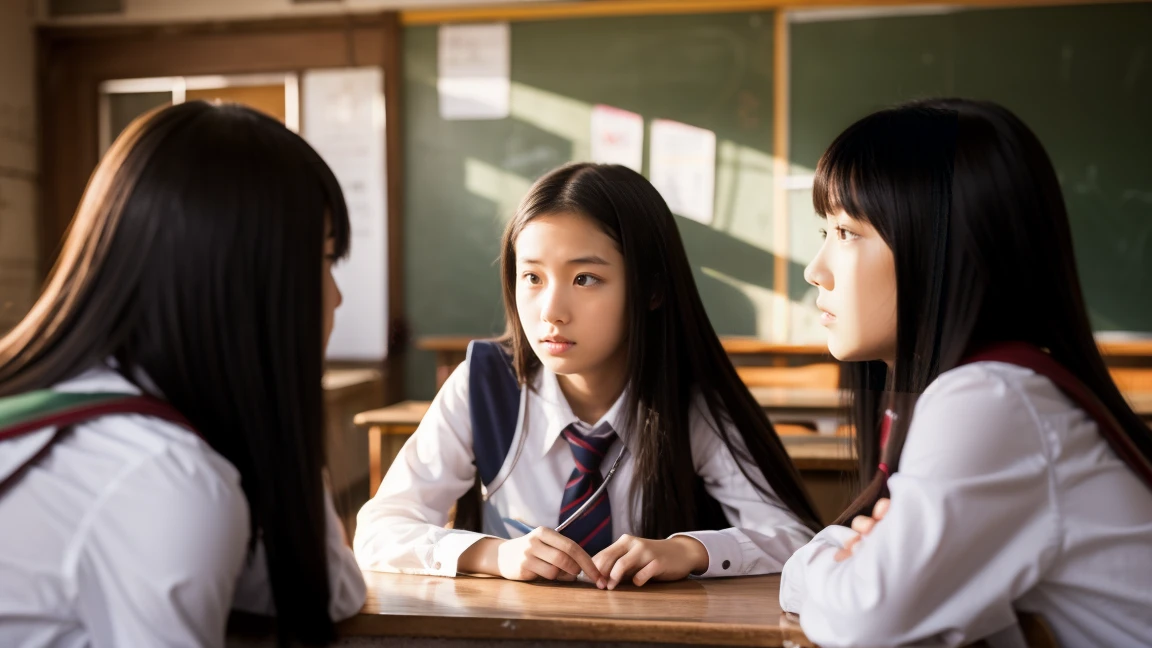 Three high school girls are discussing a troubled look inside a classroom.