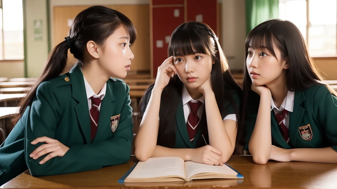 Three high school girls are discussing a troubled look inside a classroom.