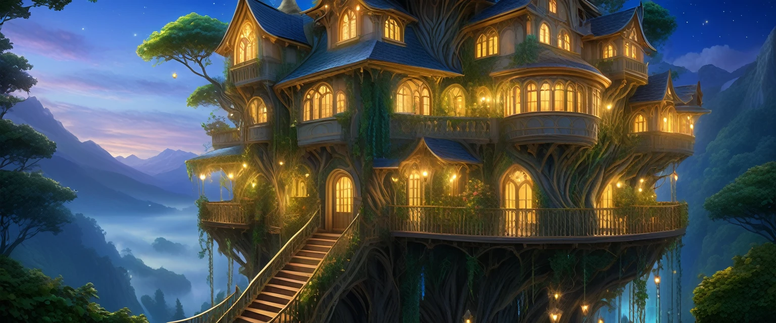 (whimsical treehouse,multiple floors,balconies,large tree,vibrant greenery,magical effect,fantasy,detailed environment,intricate architecture,lush foliage,warm lighting,enchanting atmosphere,highly detailed,cinematic,photorealistic,masterpiece:1.2,ultra-detailed,realistic,stunning,beautiful,detailed)