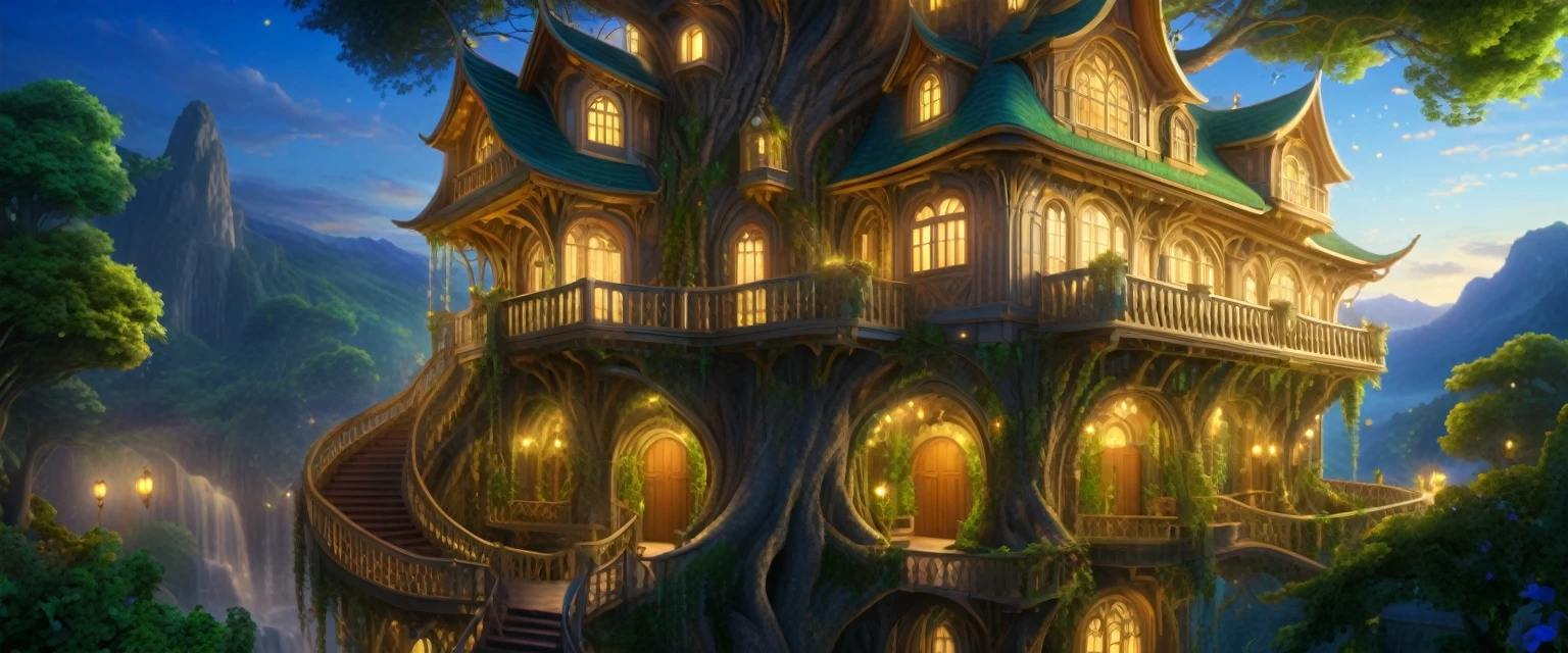 (whimsical treehouse,multiple floors,balconies,large tree,vibrant greenery,magical effect,fantasy,detailed environment,intricate architecture,lush foliage,warm lighting,enchanting atmosphere,highly detailed,cinematic,photorealistic,masterpiece:1.2,ultra-detailed,realistic,stunning,beautiful,detailed)