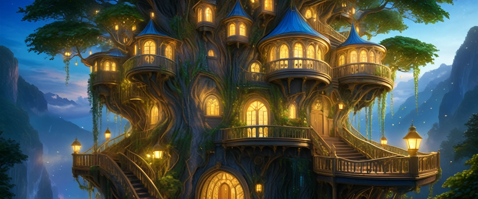 (whimsical treehouse,multiple floors,balconies,large tree,vibrant greenery,magical effect,fantasy,detailed environment,intricate architecture,lush foliage,warm lighting,enchanting atmosphere,highly detailed,cinematic,photorealistic,masterpiece:1.2,ultra-detailed,realistic,stunning,beautiful,detailed)
