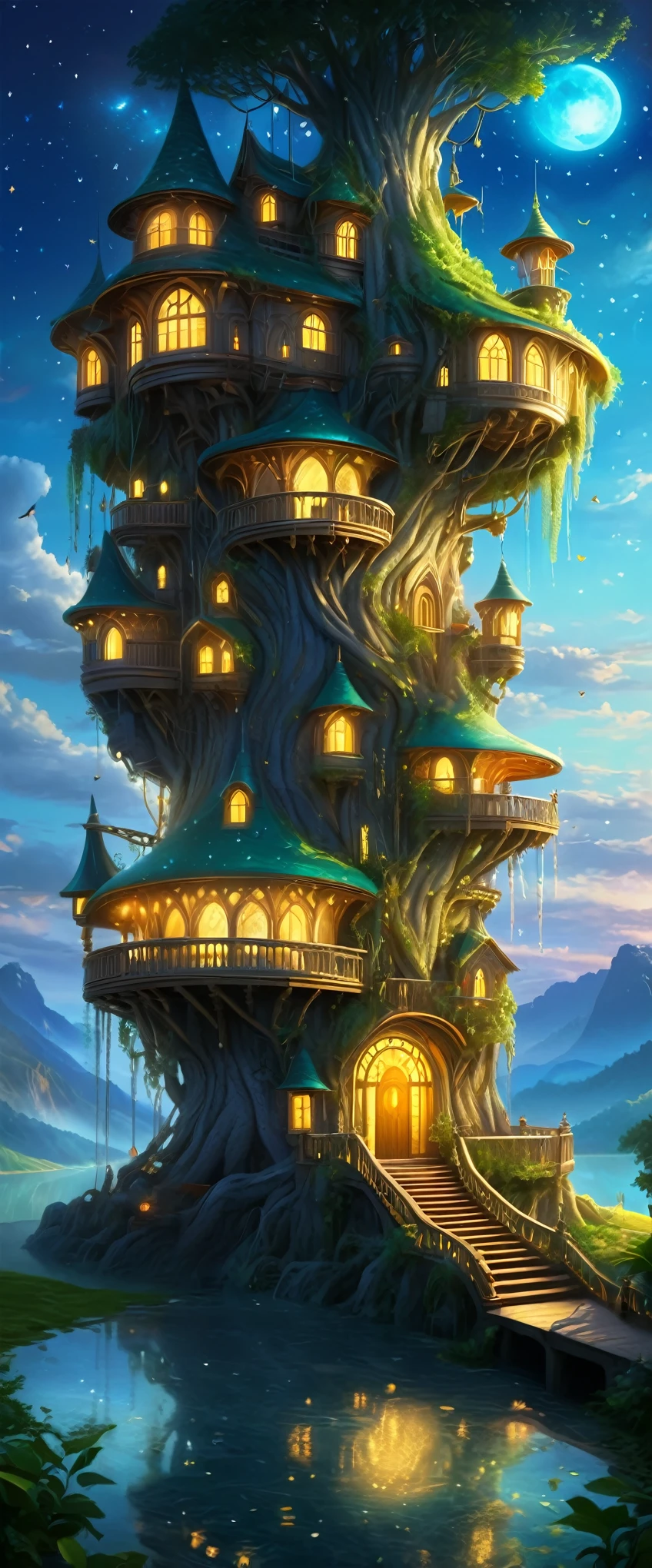 (whimsical treehouse,multiple floors,balconies,large tree,vibrant greenery,magical effect,fantasy,detailed environment,intricate architecture,lush foliage,warm lighting,enchanting atmosphere,highly detailed,cinematic,photorealistic,masterpiece:1.2,ultra-detailed,realistic,stunning,beautiful,detailed)