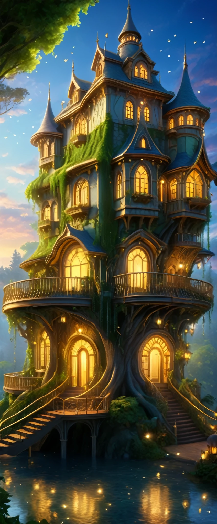 (whimsical treehouse,multiple floors,balconies,large tree,vibrant greenery,magical effect,fantasy,detailed environment,intricate architecture,lush foliage,warm lighting,enchanting atmosphere,highly detailed,cinematic,photorealistic,masterpiece:1.2,ultra-detailed,realistic,stunning,beautiful,detailed)
