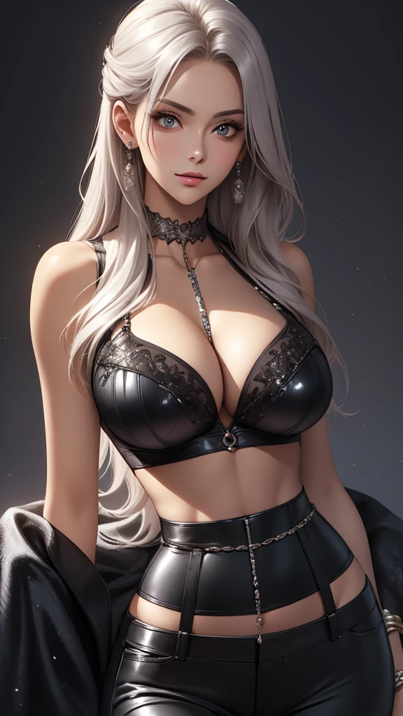 Best quality, masterpiece, realistic, Beautiful sexy cool tall, slim, fit woman, wearing fancy silver-white sequin cropped top and black pants, intricate and highly detailed, cleavage, long silver hair, body chain, jewelry, perfect breasts, cleavage
