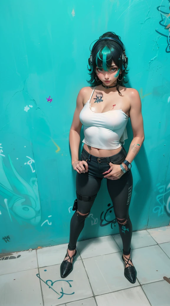 masterpiece, best quality, (extremely detailed CG unity 8k wallpaper, masterpiece, best quality, ultra-detailed, masterpiece, best quality, 1girl, solo, crop top, denim shorts, choker, (graffiti:1.5), paint splatter, arms behind back, against wall, looking at viewer, armband, thigh strap, paint on body, head tilt, bored, multicolored hair, aqua eyes, headset, Tatsumaki,