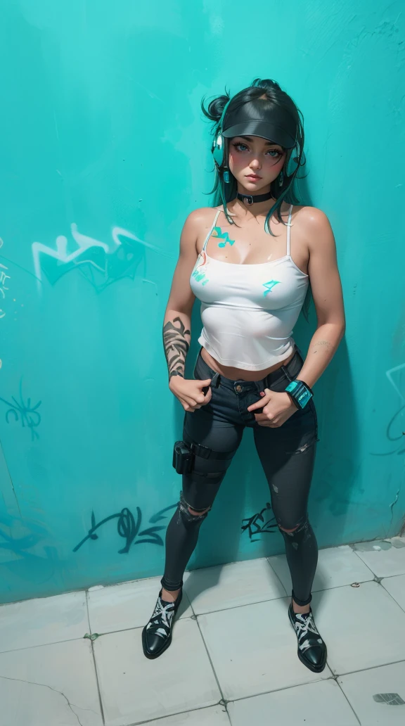 masterpiece, best quality, (extremely detailed CG unity 8k wallpaper, masterpiece, best quality, ultra-detailed, masterpiece, best quality, 1girl, solo, crop top, denim shorts, choker, (graffiti:1.5), paint splatter, arms behind back, against wall, looking at viewer, armband, thigh strap, paint on body, head tilt, bored, multicolored hair, aqua eyes, headset, Tatsumaki,