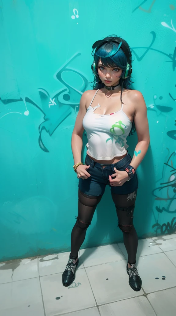 masterpiece, best quality, (extremely detailed CG unity 8k wallpaper, masterpiece, best quality, ultra-detailed, masterpiece, best quality, 1girl, solo, crop top, denim shorts, choker, (graffiti:1.5), paint splatter, arms behind back, against wall, looking at viewer, armband, thigh strap, paint on body, head tilt, bored, multicolored hair, aqua eyes, headset, Tatsumaki,