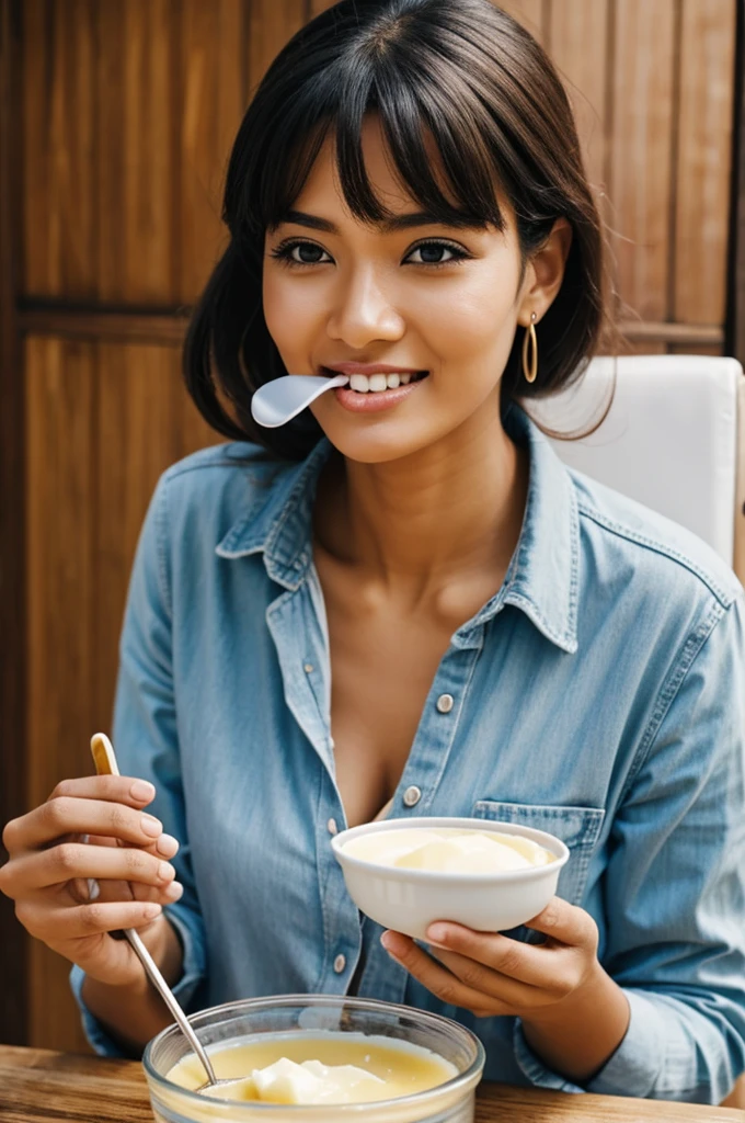 A woman eating condensed milk