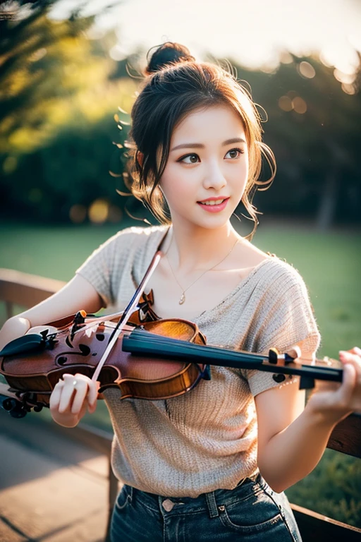 (a gorgeous lady, age 18, she is playing a violin, in a fantasy world, dimples, kind expression, cute snaggle-tooth, short hair ponytail, beautiful detailed face, beautiful detailed eyes, ample round bosom, photorealistic, hyper-realism, high contrast, ultra HD, realistic skin textures, top image quality, top-quality, super high resolution, fine details, very meticulously, masterpiece, head to thigh, the Cowboy shot, romantic feel, bokeh background)