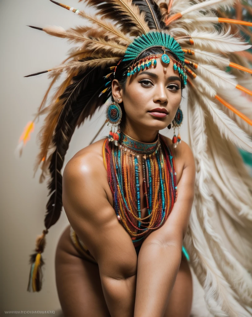 Beautiful Cherokee Indian woman with beautiful terracotta colored headdresses, blackw, doradas, cobre, Pearl, white and beige, feathers made of bright neon of various colors, flares on camera, bokeh, full moon night
