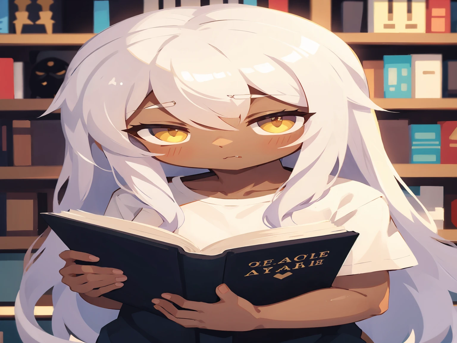 a boy with long white hair, yellow eyes, detailed, dark skin, cute, with book