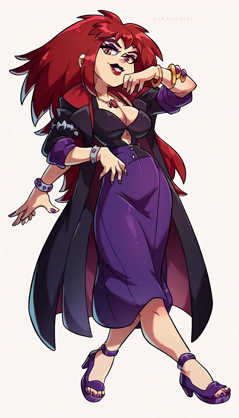 a beautiful teenage girl big breast gothic sexy attractive beautiful dark red hair tousled haircut Her brown eye painted purple eyelashes red lip she wears a purple button-down coat and a long purple skirt with an opening in the hem heels Black long golden arm bracelet