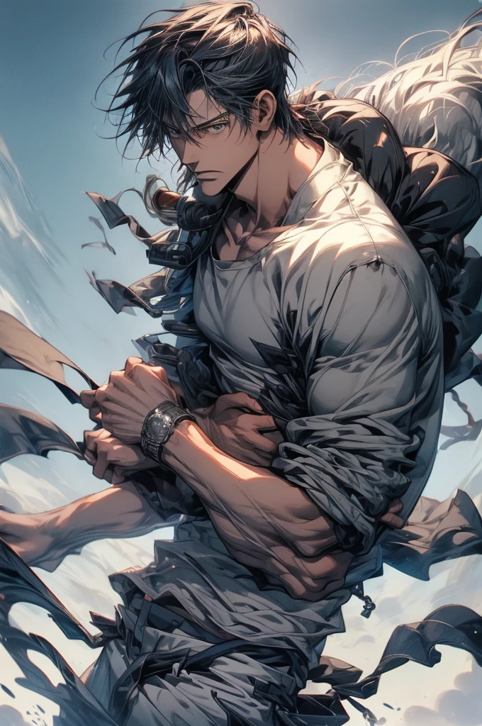 (masterpiece, best quality:1.2) solo, male focus, 40 years old fushiguro toji, muscular male, expressionless, looking at viewer, perfect fit, grey color pants (Make old Pos:1.0)