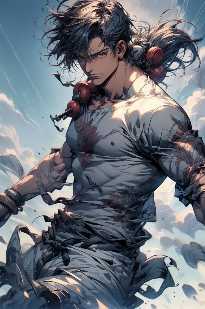 (masterpiece, best quality:1.2) solo, male focus, 40 years old fushiguro toji, muscular male, expressionless, looking at viewer, perfect fit, grey color pants (Make old Pos:1.0)