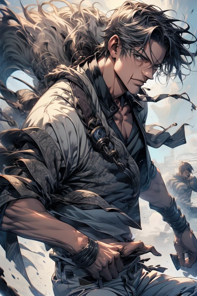 (masterpiece, best quality:1.2) solo, male focus, 40 years old fushiguro toji, muscular male, expressionless, looking at viewer, perfect fit, grey color pants (Make old Pos:1.0)