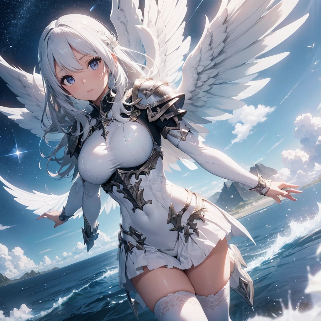 a close up of a statue of a woman with wings, girl angel knight, Aion Aion, Angel in plastic armor, from lineage 2, Angel Knight Gothic Girl, full body majestic angel, epic angel wings, white wings, ffxiv skyward, white armor, glossy white armor, intricate white armor, detailed white armor, sleek bright white armor