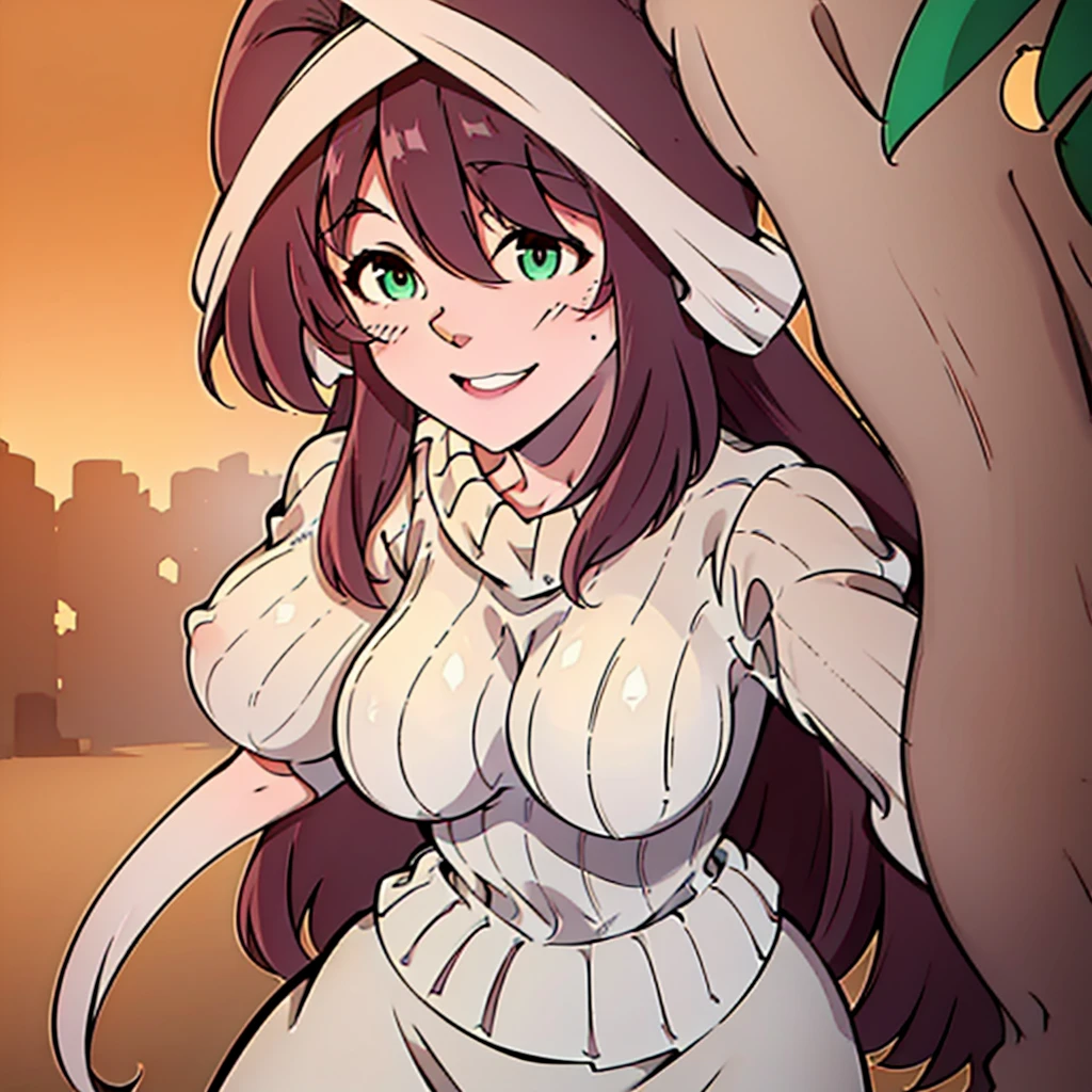 A stunning high resolution portrait masterpiece of a beautifully detailed girl with long, shiny brown hair and mesmerizing green eyes, wearing a cozy sweater and flashing a gorgeous smile that accentuates her large breasts, but perfectly formed, with white neko ears raised and her tail curled