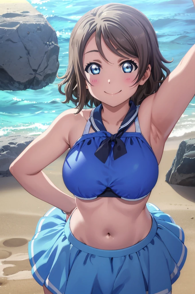 (((pixel-perfect, detail-perfect))), solo, 1girl, you watanabe, eyes azzur, smile, bikini, summer beach, armpit, big filesize, ultra High Qality