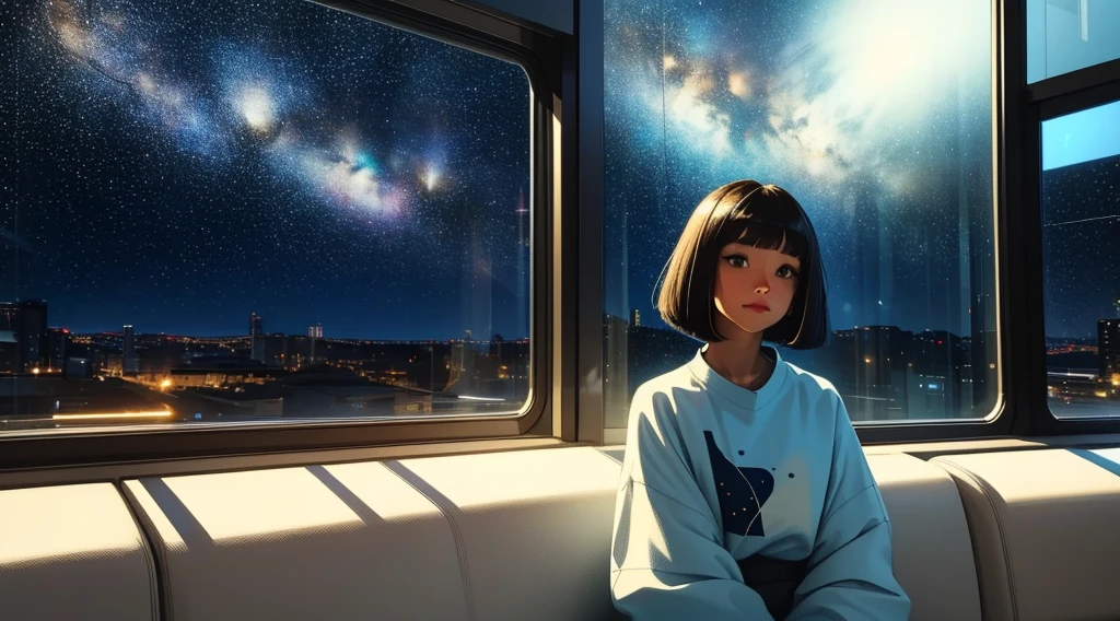indoor, Sit by the window, Contemplative posture, Look at the stars, head stuck to glass, landscape passing by at high speed, night travel, Beautiful starry sky, a beautiful girl with, bob cut,Bangs, Ultra HD Portraits, (high quality) (Super detailed) Looking at the audience dressed in hip-hop style streetwear; different, Colorful, Colorful long hair 🌈
