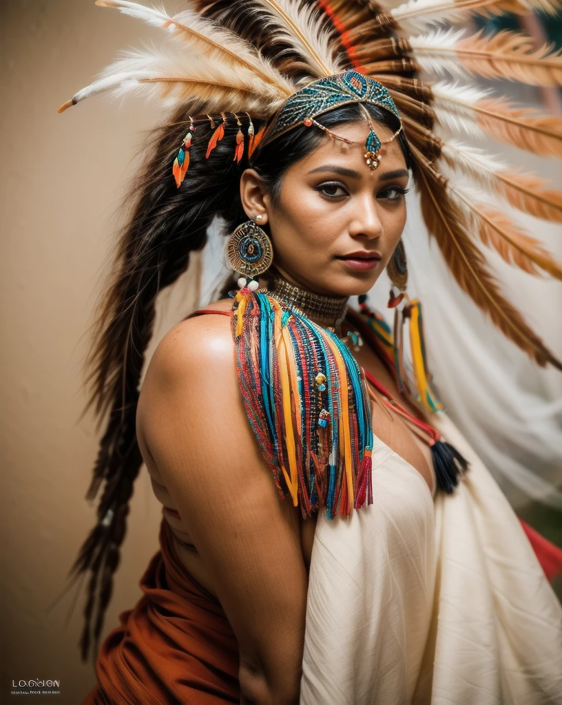 Beautiful Cherokee Indian woman with beautiful terracotta colored headdresses, blackw, doradas, cobre, Pearl, white and beige, feathers made of bright neon of various colors, flares on camera, bokeh, full moon night