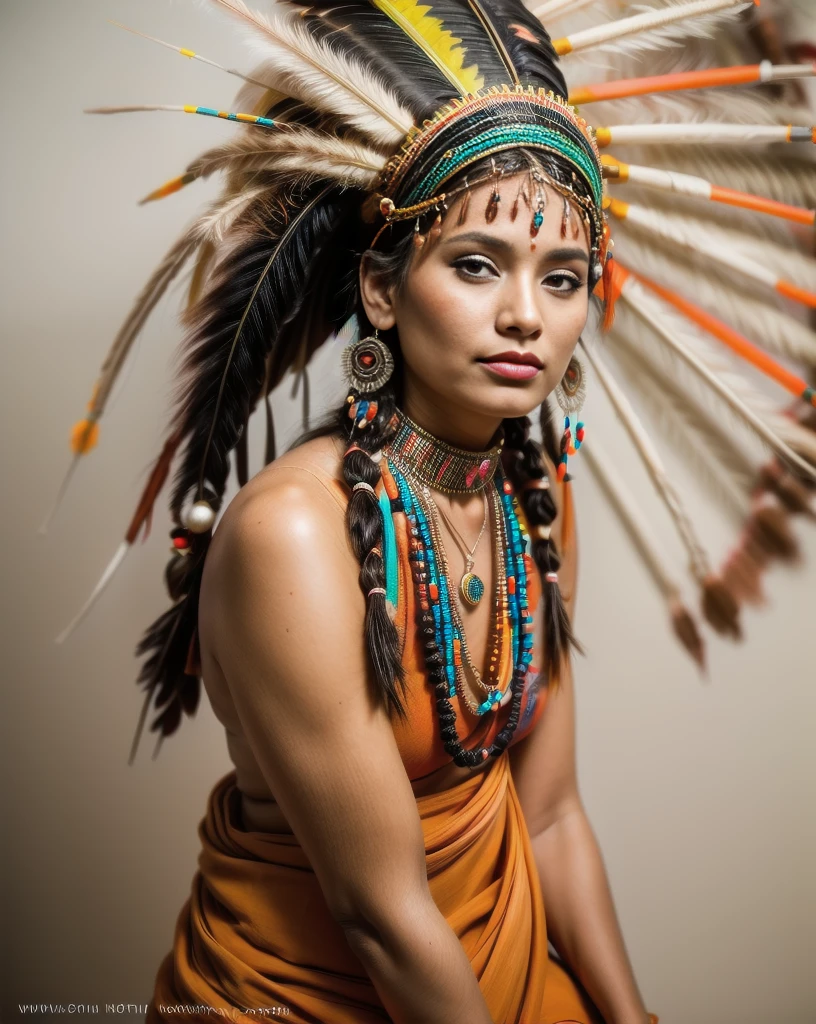 Beautiful Cherokee Indian woman with beautiful terracotta colored headdresses, blackw, doradas, cobre, Pearl, white and beige, feathers made of bright neon of various colors, flares on camera, bokeh, full moon night
