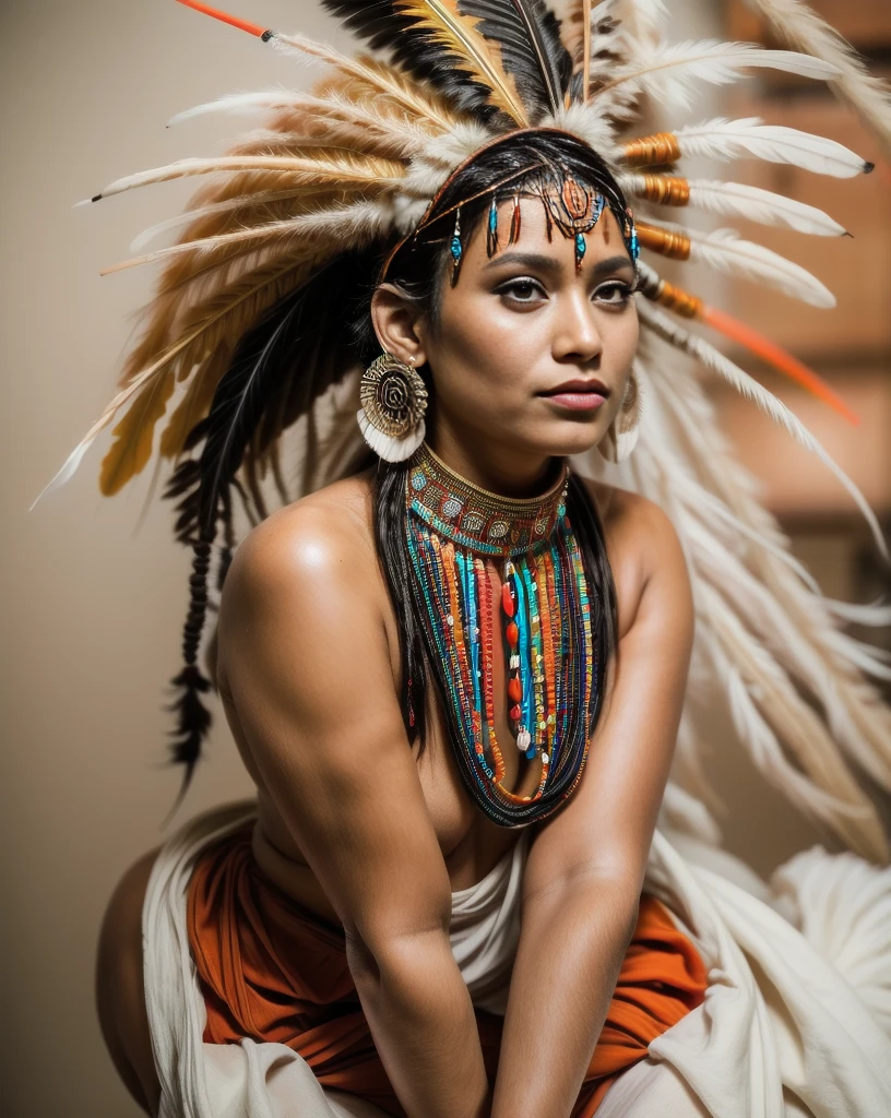 Beautiful Cherokee Indian woman with beautiful terracotta colored headdresses, blackw, doradas, cobre, Pearl, white and beige, feathers made of bright neon of various colors, flares on camera, bokeh, full moon night
