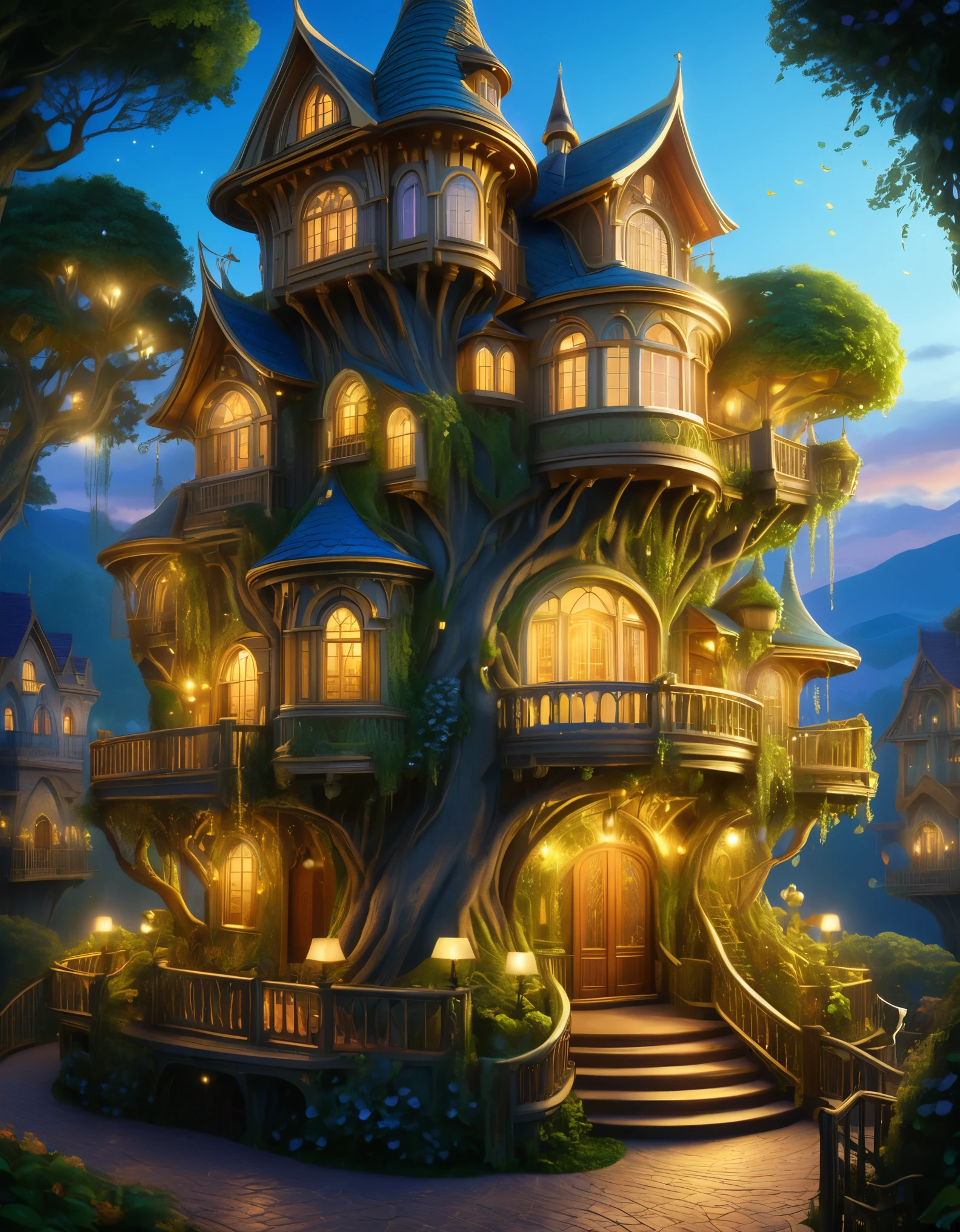 (whimsical treehouse,multiple floors,balconies,large tree,vibrant greenery,magical effect,fantasy,detailed environment,intricate architecture,lush foliage,warm lighting,enchanting atmosphere,highly detailed,cinematic,photorealistic,masterpiece:1.2,ultra-detailed,realistic,stunning,beautiful,detailed)