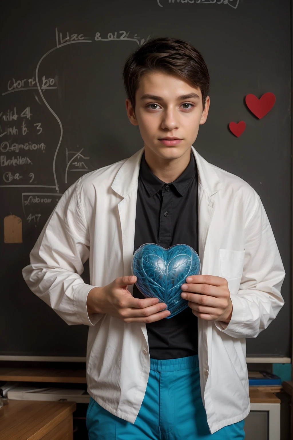 A beautiful young man, a cute male twink, with black hair, wearing a long-sleeved white shirt and aquamarine blue pants, and he is in his scientific office, and behind him is a blackboard with the shape of the brain and its anatomy written on it, and next to him is the shape of the heart and its anatomy, and he looks proudly, with a face with makeup on.