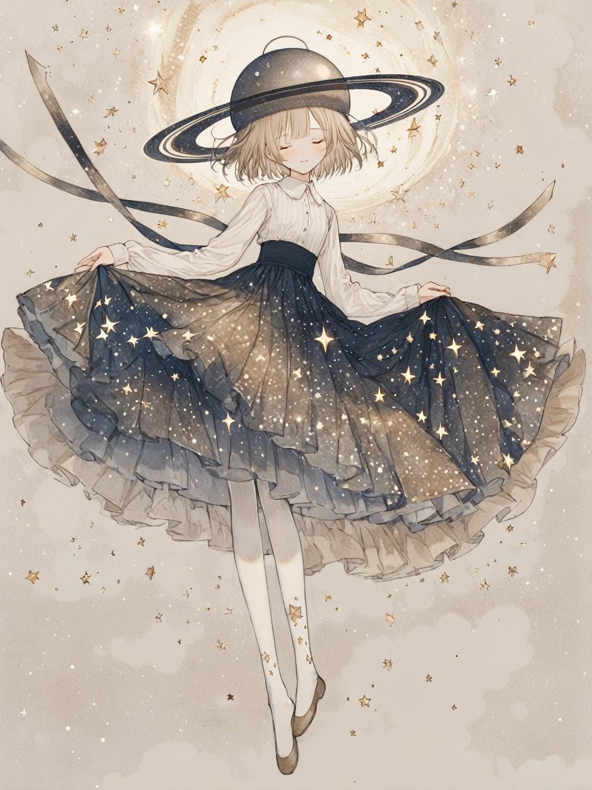 ultra-detailed illustration of a girl with a Saturn-shaped hat, shooting star ribbon, starry skirt, starry white tights, white blouse, golden sters, curtsey, bob cut, closed eyes, masterpiece, best quality, beautiful illustration, very aesthetic art, traditional media, sepia tone